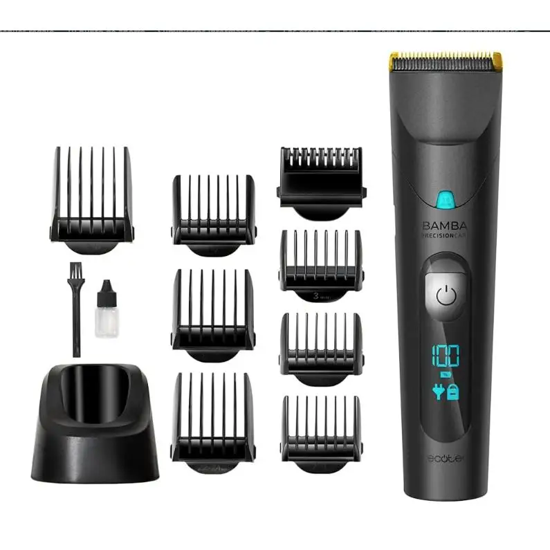 Hair Clippers Bamba PrecisionCare Wet & Dry. 120 mins lithium battery power supply titanium coated Inox steel blades IPX6 wired mode including 8 Combs