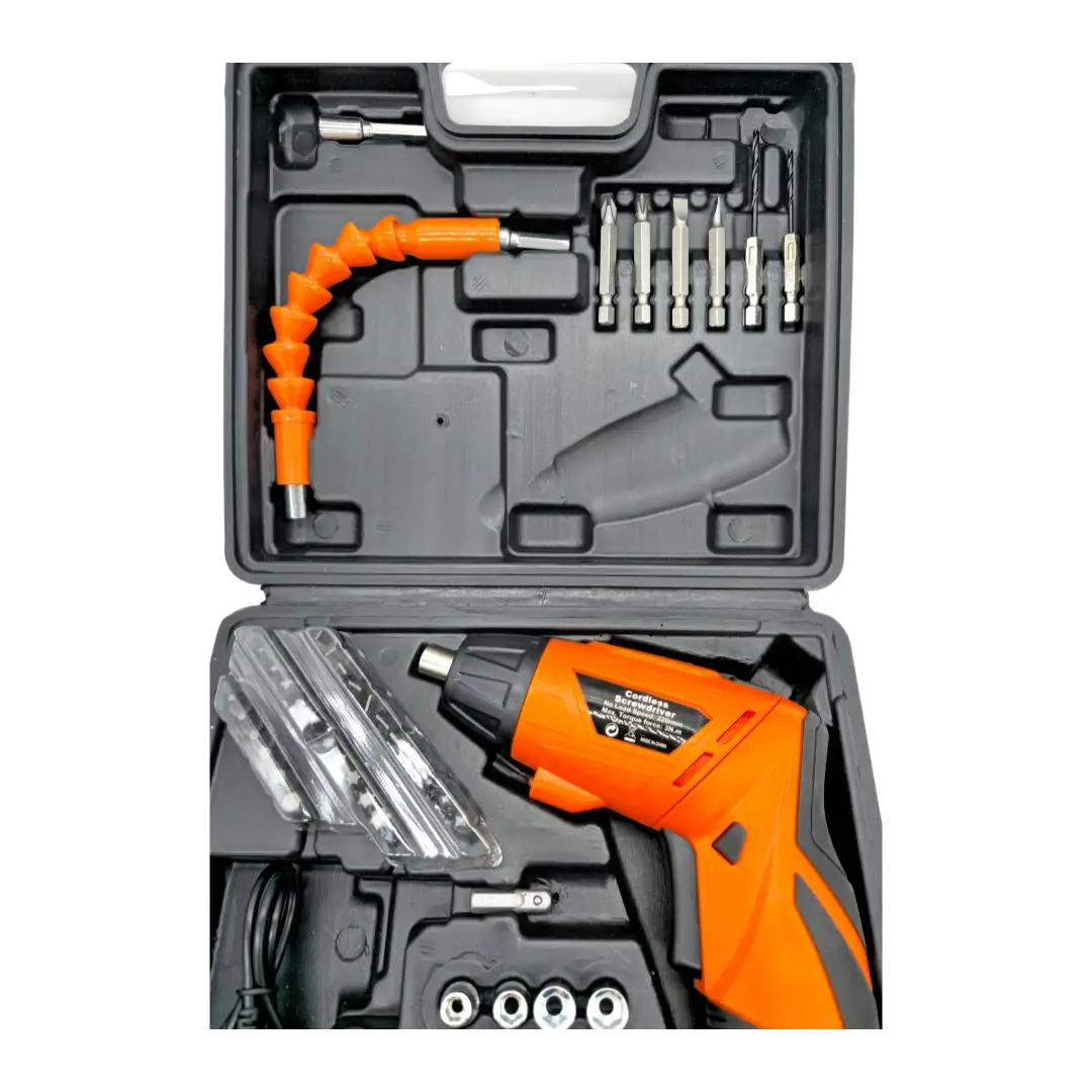 AC Tools Mini Atornillador compacto de batería 3.6V 47 piezas articulado, puede usarse en modo pistola o rotar y usarse en posición vertical recta. Modelo naranja. Incluye cable de carga.
