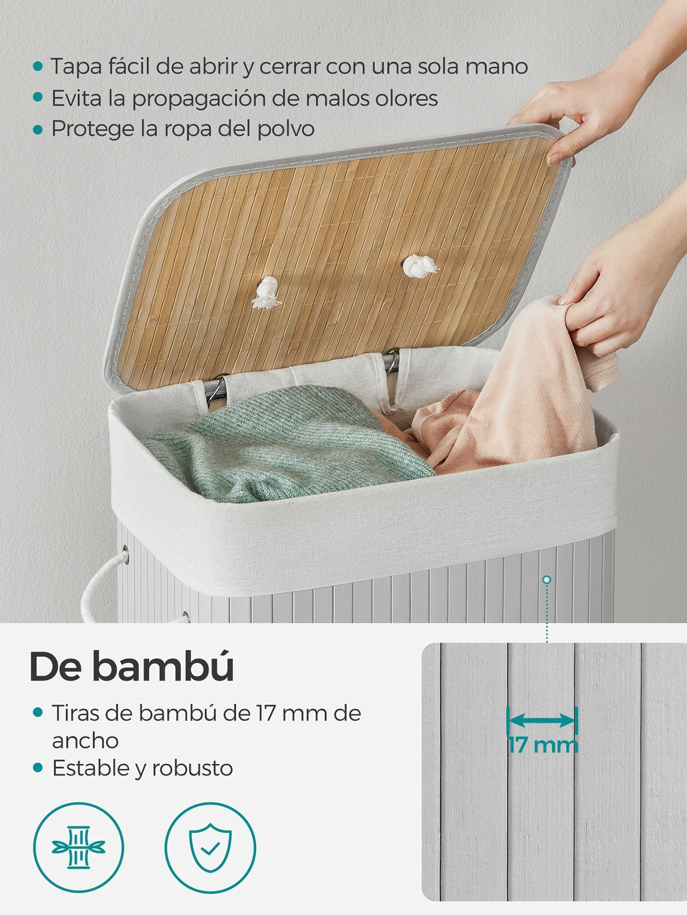 Songmics dirty clothes basket with lid, 72 l, bamboo laundry basket, foldable, with removable washable bag, handles, for laundry, bedroom, grey/natural/black/white