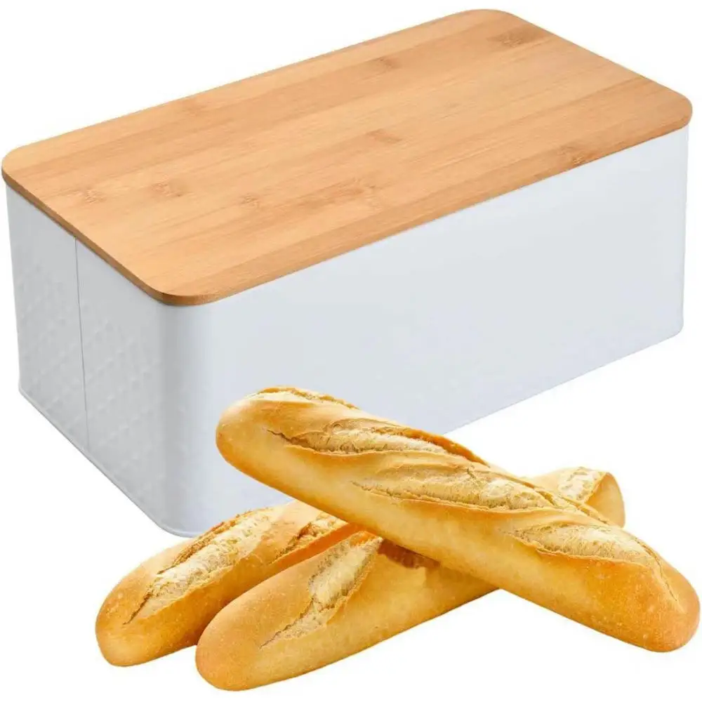 Panera de Metal con Tapa de Bambú, 33x18x13.5 cm, Caja de Almacenamiento para Pan y Pastelería, Diseño Moderno y Funcional, color blanco