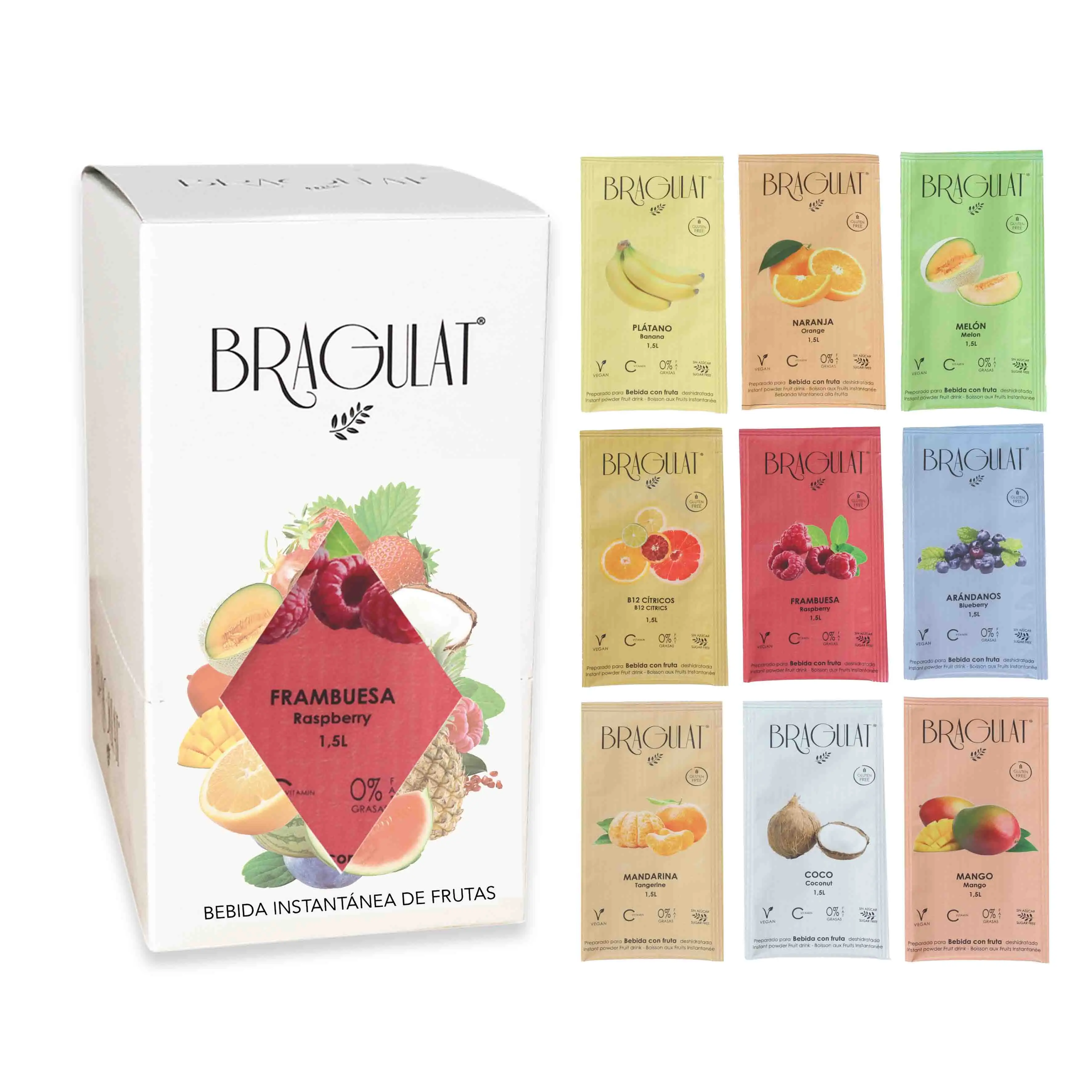 BRAGULAT Bebidas con frutas/MIX de Sabores Bebidas y Refrescos Instantáneas en Polvo Sin Azúcar y con Vitamina C 15 Sobres Saborizantes para Agua