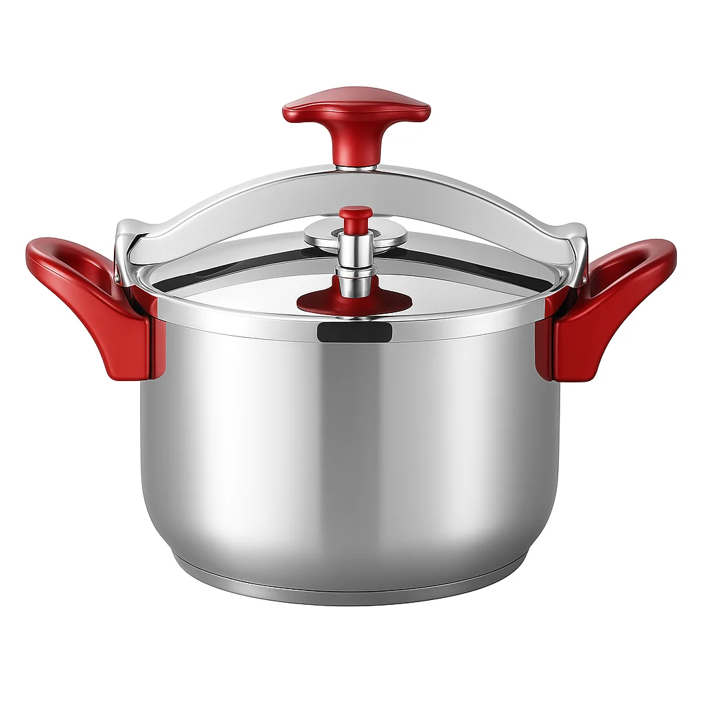 Olla a presión MR Express de acero inoxidable con mango ergonómico rojo y sistema de seguridad avanzado – Apta para todo tipo de cocinas, incluidas vitrocerámica e inducción, ideal para una cocción