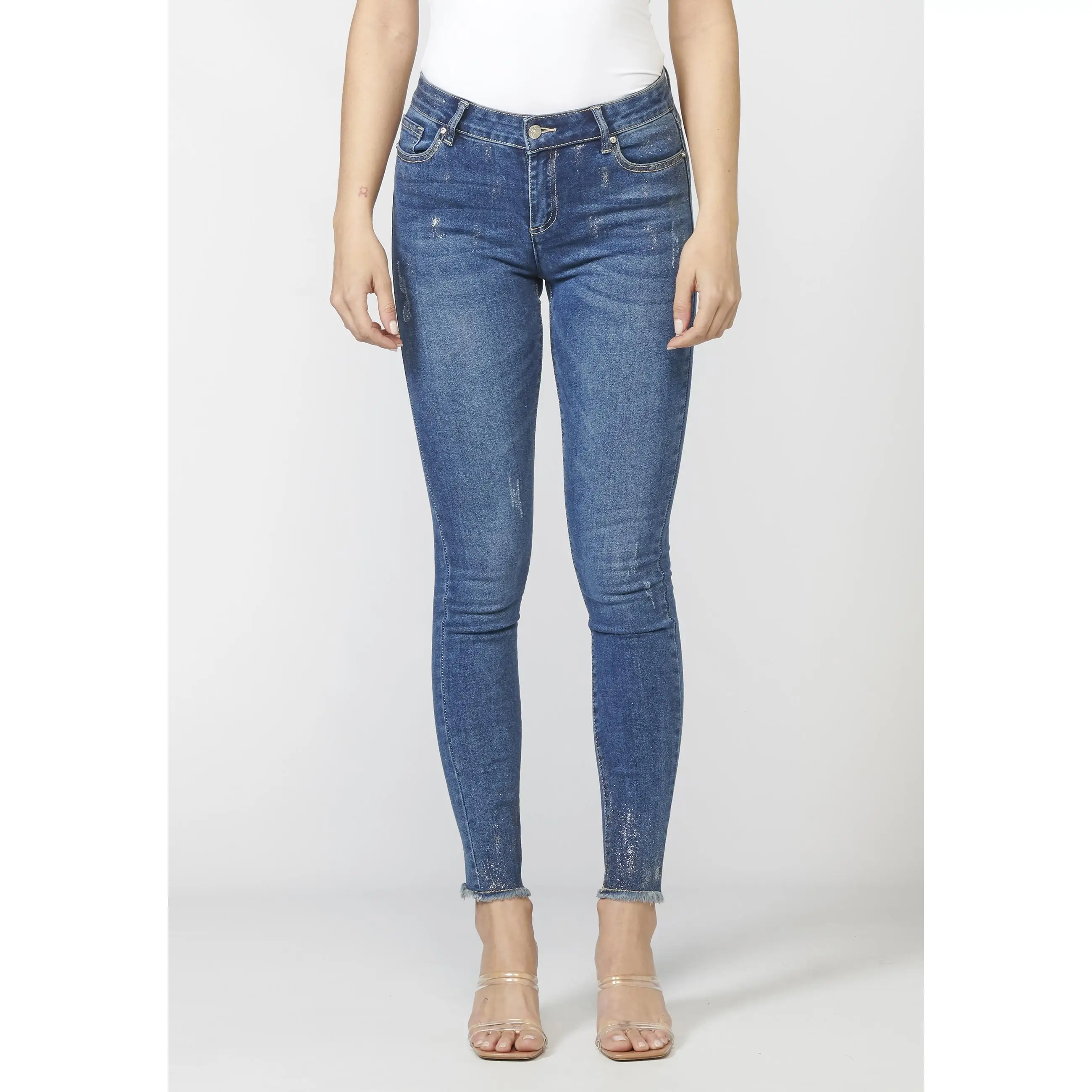 Koroshi Pantalón largo straigth de mujer elástico con detalles brillantes y cadena desmontable