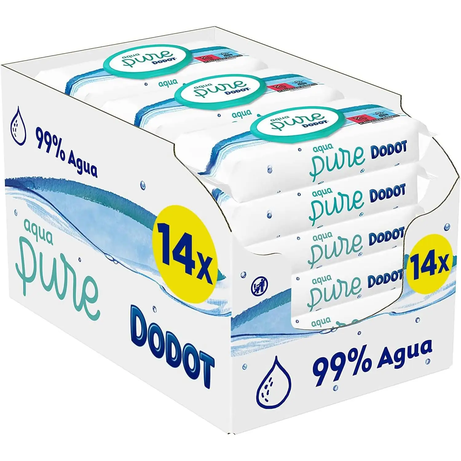Dodot Toallitas Pure Aqua para Bebé, 672 Toallitas (2x7 Paquetes x 48), 99% Agua, 0% Plástico, Limpieza Suave y Delicada