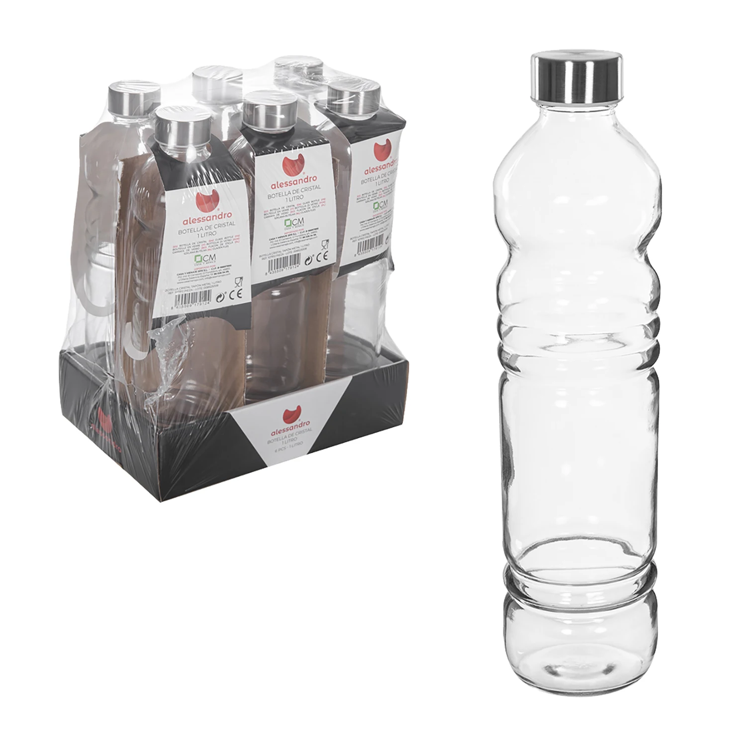 Botella de Cristal para Agua de 1 Litro, con Tapón de Acero. Pack 6 o 12 Botellas Reutilizables, Grande, Transparente y Resistente, Disponible en Dos Diseños. Ideal para Cualquier tipo de Bebida, Apta para Nevera y Lavavajillas.