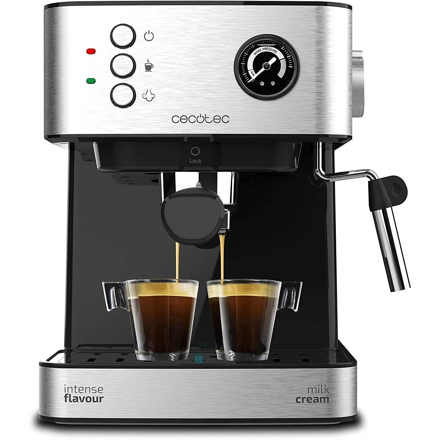 Cecotec Cafetera Express Power Espresso 20 Professionale. 850 W, 20 Bares, Manómetro, Depósito de 1,6L, Brazo Doble Salida, Vaporizador, Superficie Calientatazas, Acabados en Acero Inoxidable