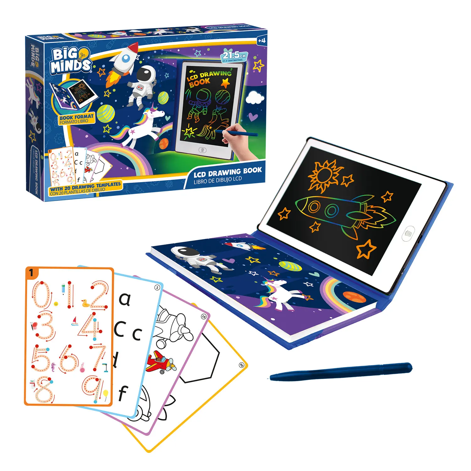 Big Minds - Pizarra Magica Infantil Lcd | Tableta Escritura Niños Formato Libro | Pizarra Magnetica Infantil 20 Plantillas Reversibles | Tablet Niños +4 Años | Pizarra Rotulador Borrable Portátil