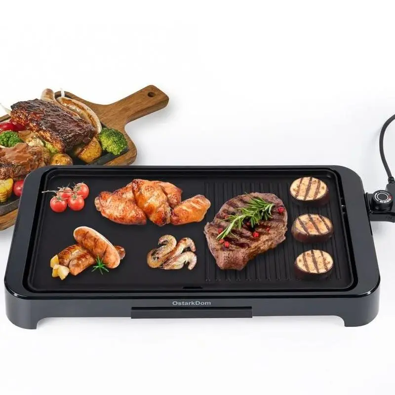 Ostarkdom 2000w electric roasting griddle with adjustable thermostat double-sided non-stick electric grill plate oil drip tray 57x30x7cm