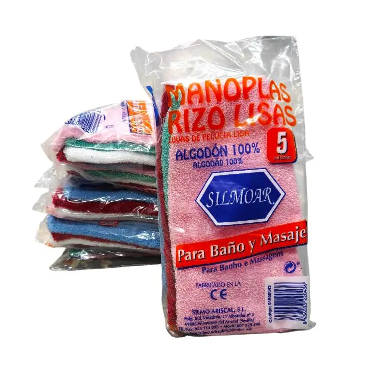 Manoplas de baño y masaje de Rizo lisas algodón 100% pack de 5 colores surtidos 3/6/12 packs para elegir calidad garantizada