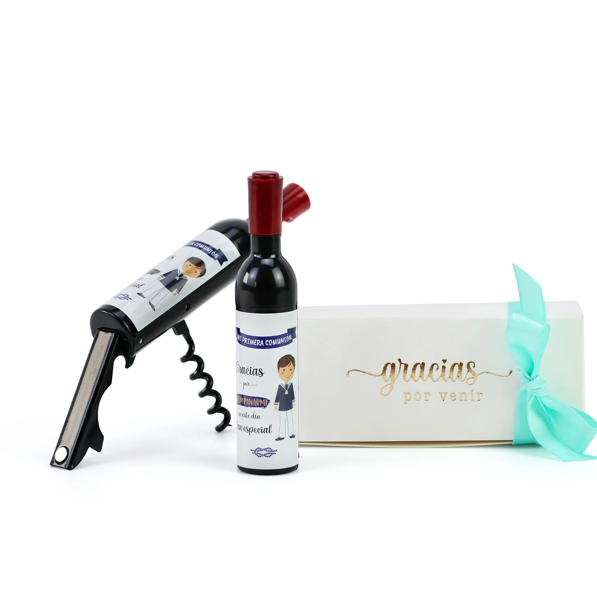 Pack de 12 a 42 sacacorchos de comunión niño con pegatina decorativa, caja detalles con lazo, recuerdos comunión originales, regalos comunión niño, accesorios mesa dulce y celebración, detalles para invitados, sacacorchos hombre, Regalantes.com