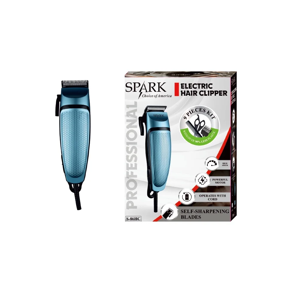 SPARK- CORTADORA DE PELO ELÉCTRICA. HOJA DE ACERO INOXIDABLE. KIT DE 9 PIEZAS. CUCHILLAS AUTOAFILABLES. PALANCA DE CONTROL DE CUCHILLA AJUSTABLE.