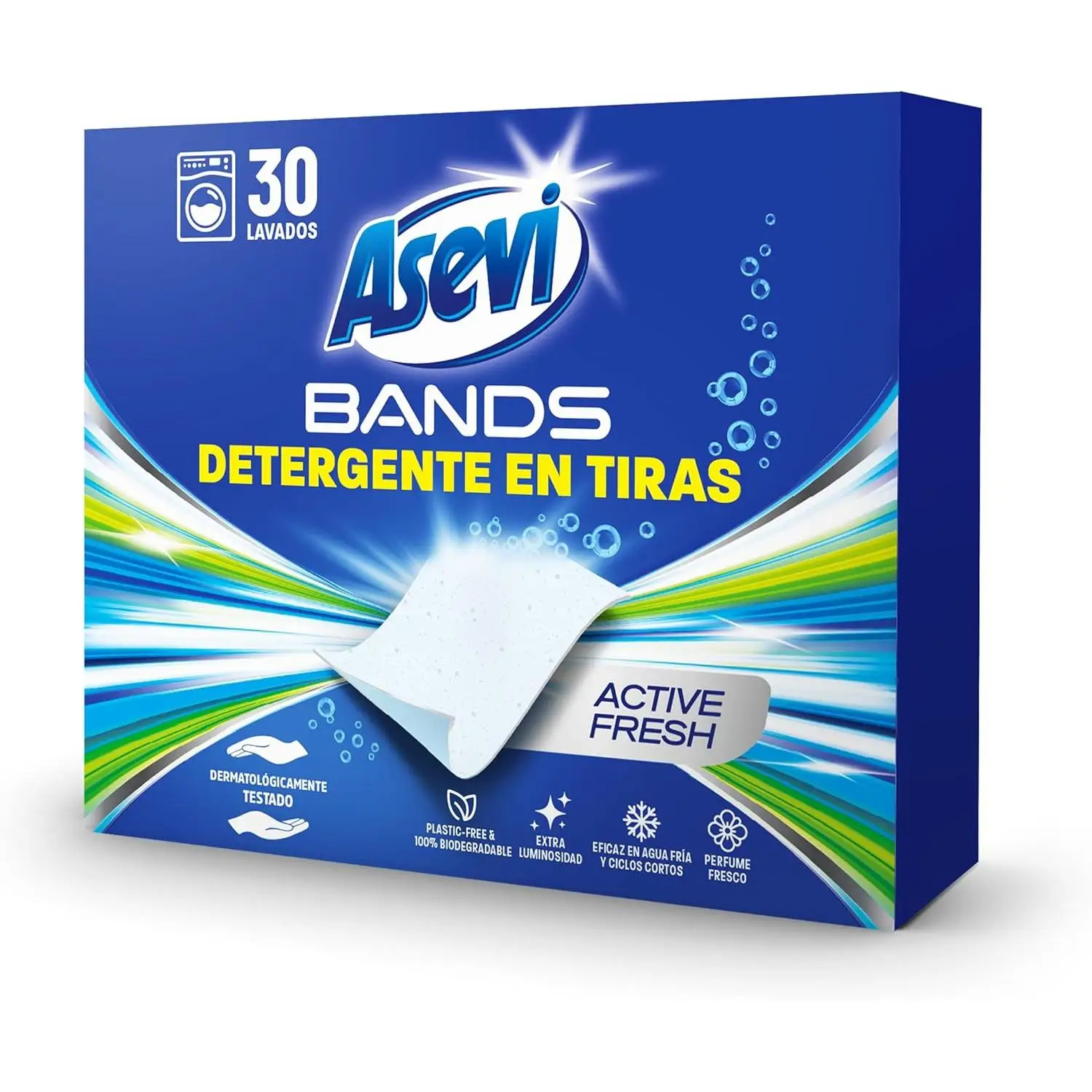 Asevi Bands Detergente en Tiras para Lavadora Active Fresh - Detergente Concentrado Hipoalergénico para Ropa Blanca 30 lavados