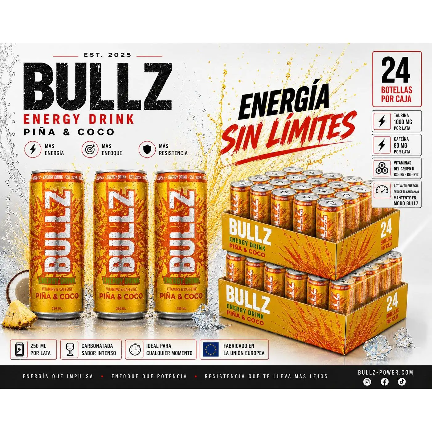BEBIDA ENERGETICA BULLZ PIÑA COCO 250ML - 2 CAJAS, TOTAL 48UD.