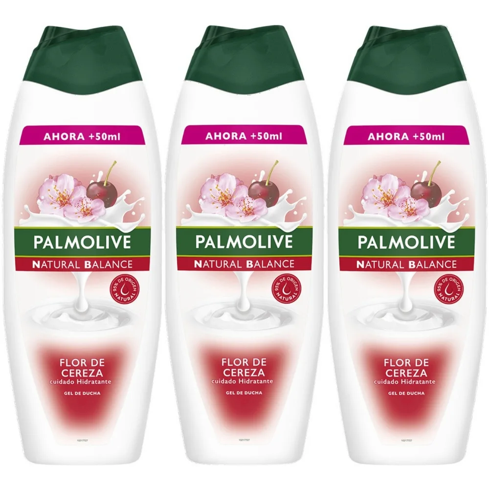Palmolive Gel de Baño en Crema Natural Balance Flor de Cereza cuidado Hidratante, Botella 550+50 ml, Pack 3 uds - Gel de ducha cremoso, agradable fragancia, ayuda a mantener la hidratación natural de
