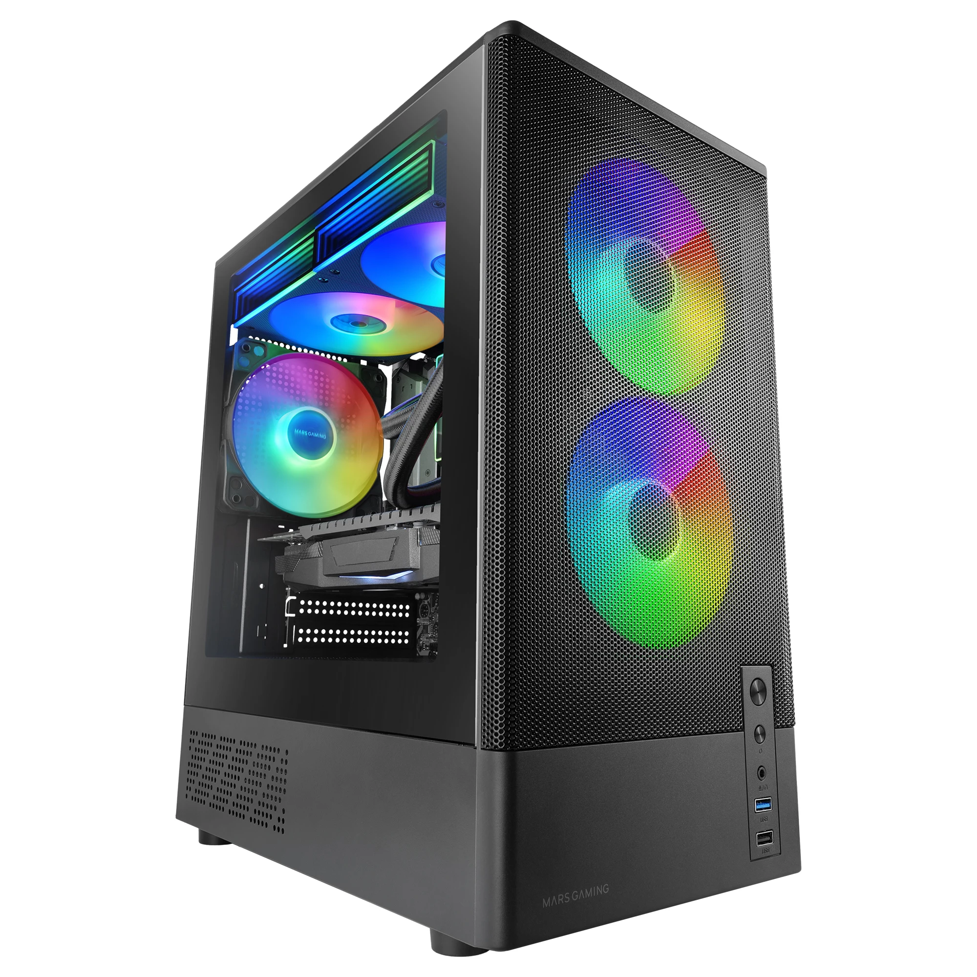 Mars Gaming MC-ONYX, Caja Gaming MicroATX, Frontal Mesh Metálico, Ventana Lateral Cristal Templado, 3x Ventiladores ARGB FDB, Estructura Doble Cámara, Soporte Refrigeración Líquida hasta 240mm, Negro