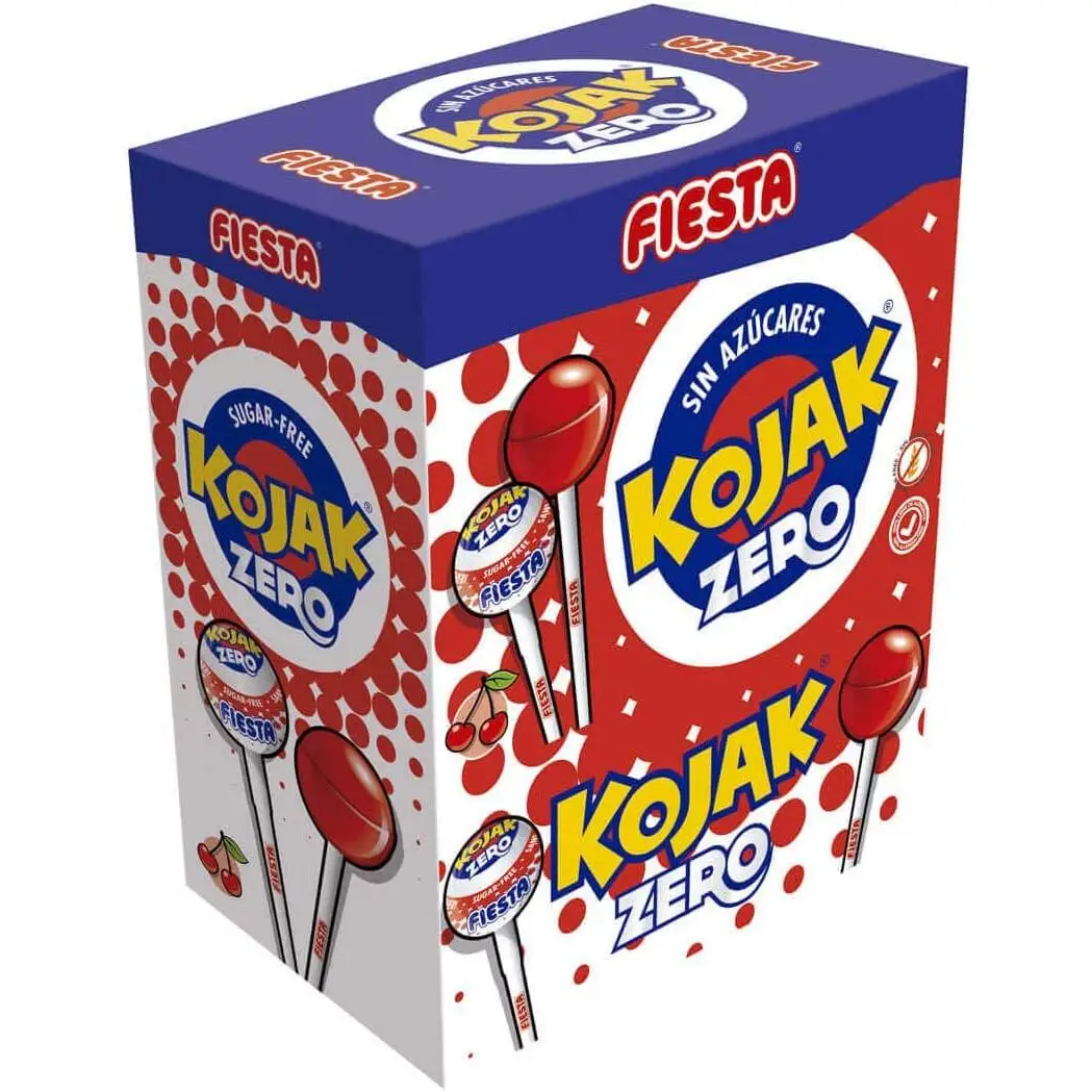 Kojak Cereza Sin Azucar Fiesta - Caja 70 Kojak - Kojak Cereza Zero - Caramelo con Palo Kojak Cereza Sin Azucar
