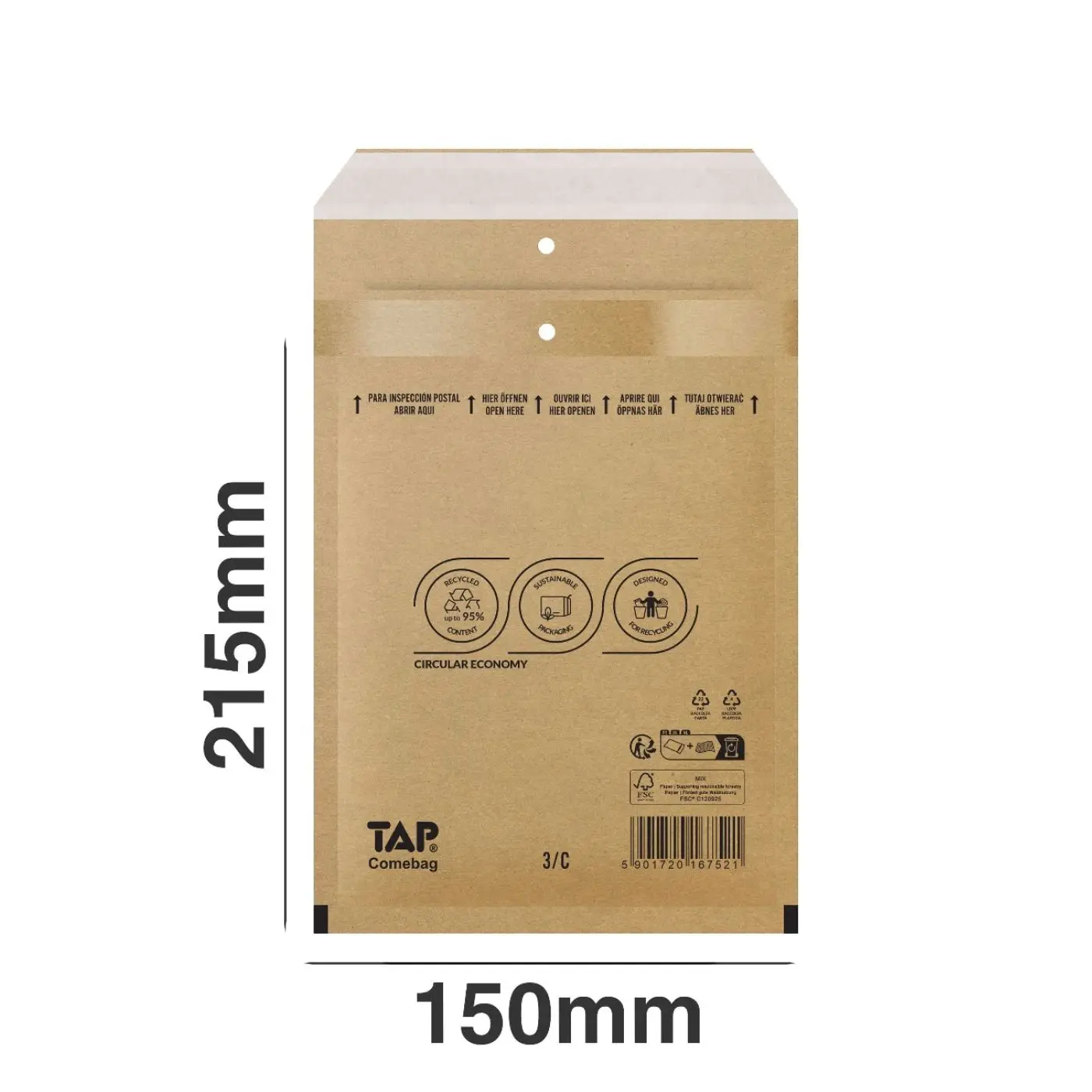 100 padded shipping envelopes tap no3/c brown 150x215mm