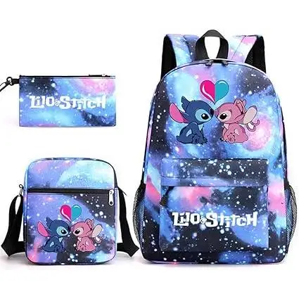Mochila Escolar Stitch 3 Piezas para Niños y Adolescentes—Set de Mochila, Estuche y Bandolera, Diseño de Dibujos Animados, Color Azul, Moda Juvenil