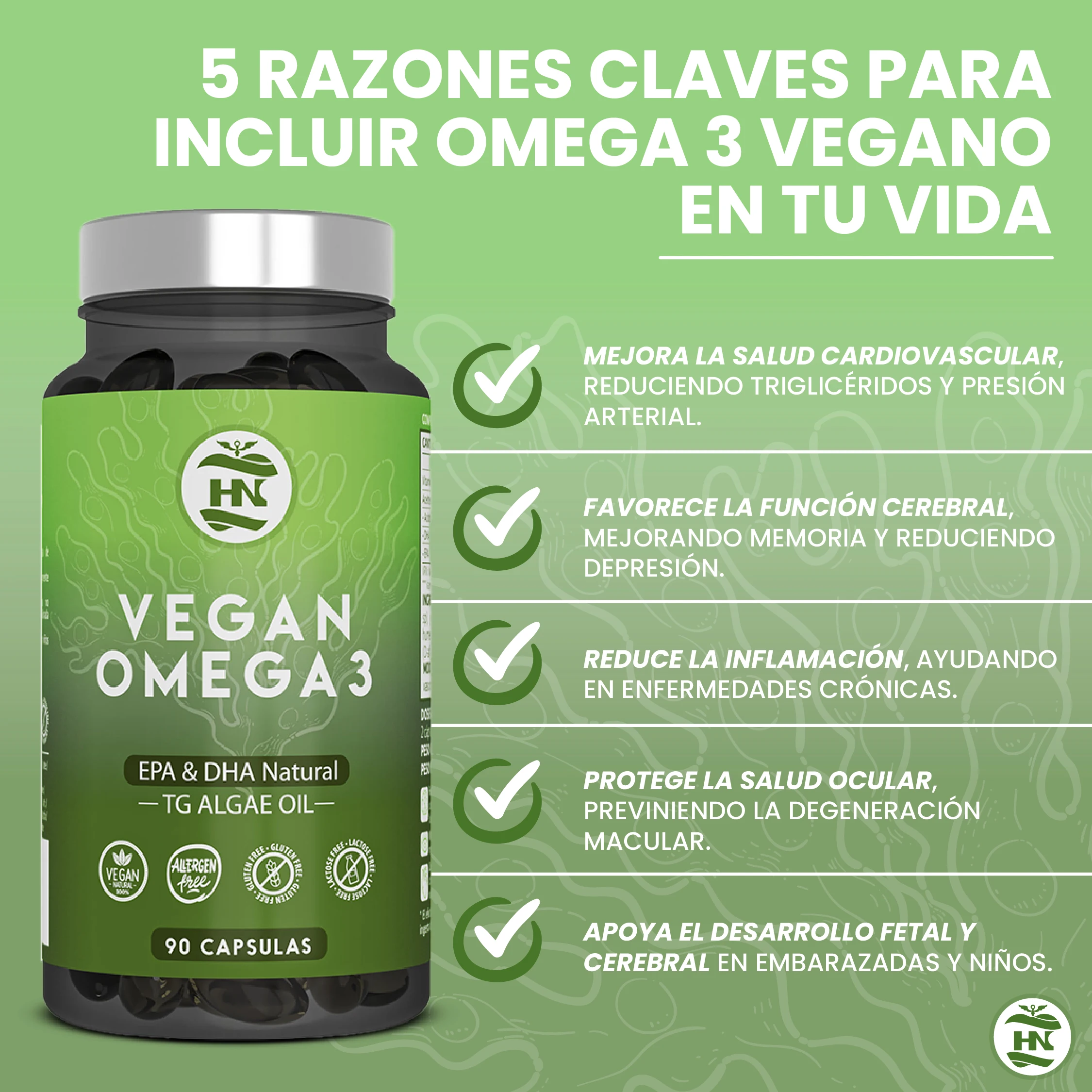 Hn - healthy nutrition omega 3 vegan algae (90 caps, 45 days) omega 3 algae oil balanced with dha and epa, omega 3 seaweed with vitamin e, ideal for brain and heart, supplement for vegans-vegetarian #7