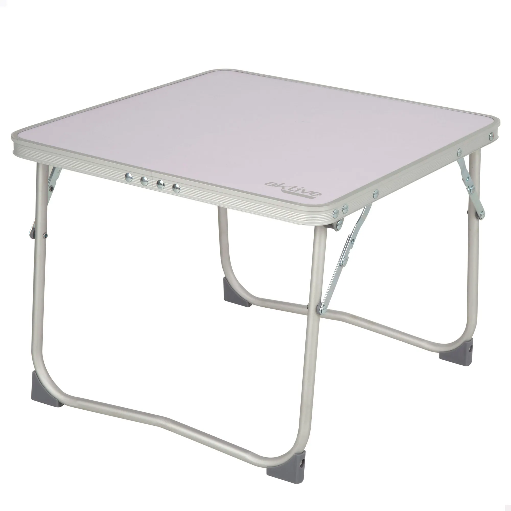 Mesa baja plegable aluminio AKTIVE, 40x40x30 cm, color malva, estructura ligera con tablero mdf, topes antivuelco, compacta y estable, soporta 20 kg, ideal camping, playa, picnic, terraza, fácil