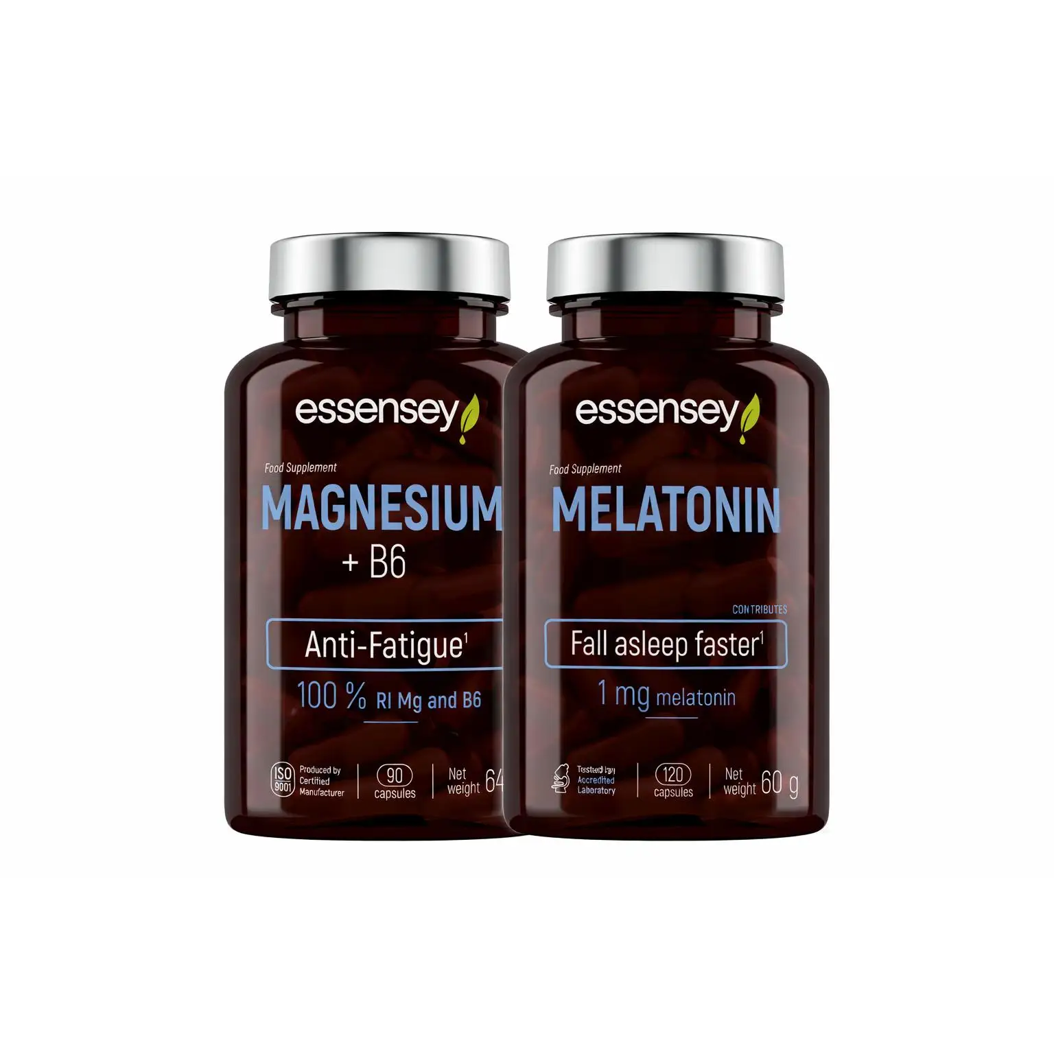 Pack Rutina Nocturna Essensey – Magnesium + B6 (90 caps) + Melatonin 1 mg (120 caps)