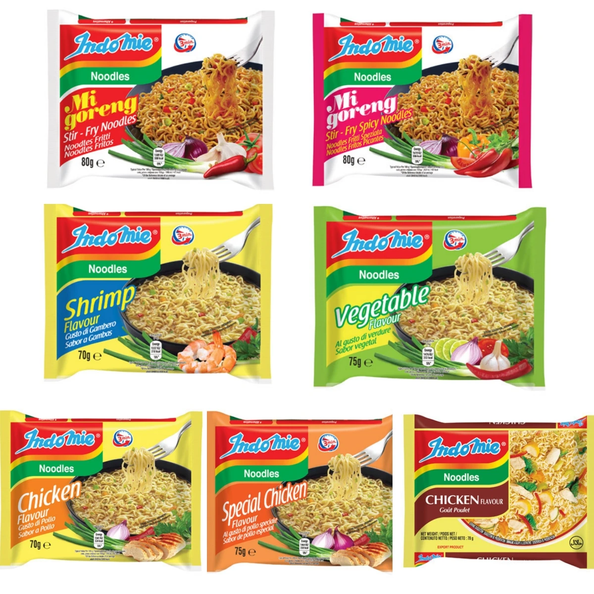 Pack de 10 Indomie, noodles instantáneos, fideos instantáneos y noodles fritos, sabores al pollo/gamba/picante y vegetal