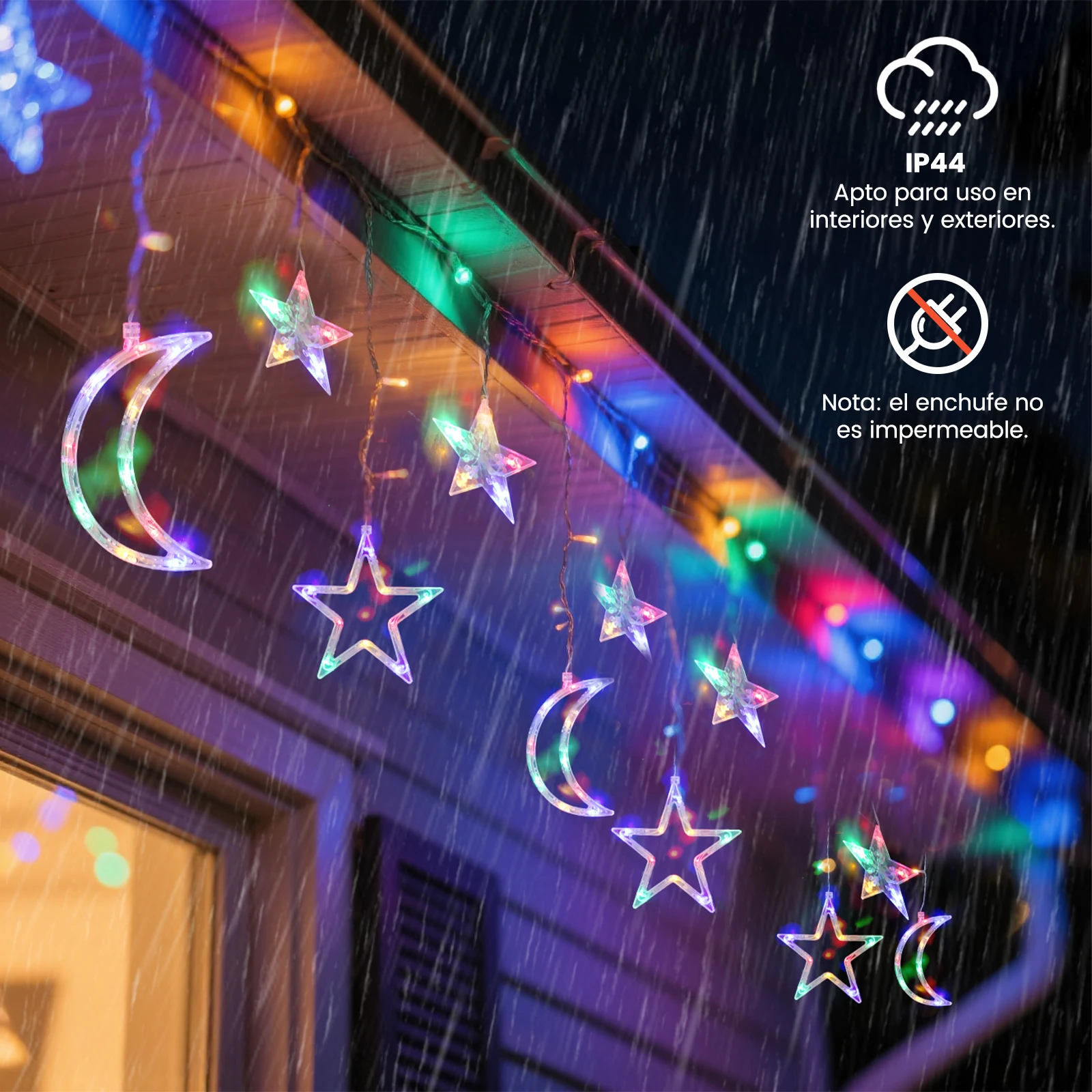 Aigostar luces de cortina de Navidad con estrellas y lunas RGB, 3M*3M*0.6M, 8 Modos Cadena de Luces con Remoto, 120 LED, temporizador, Resistente al Agua, para exterior y Interior, decoracion navidad