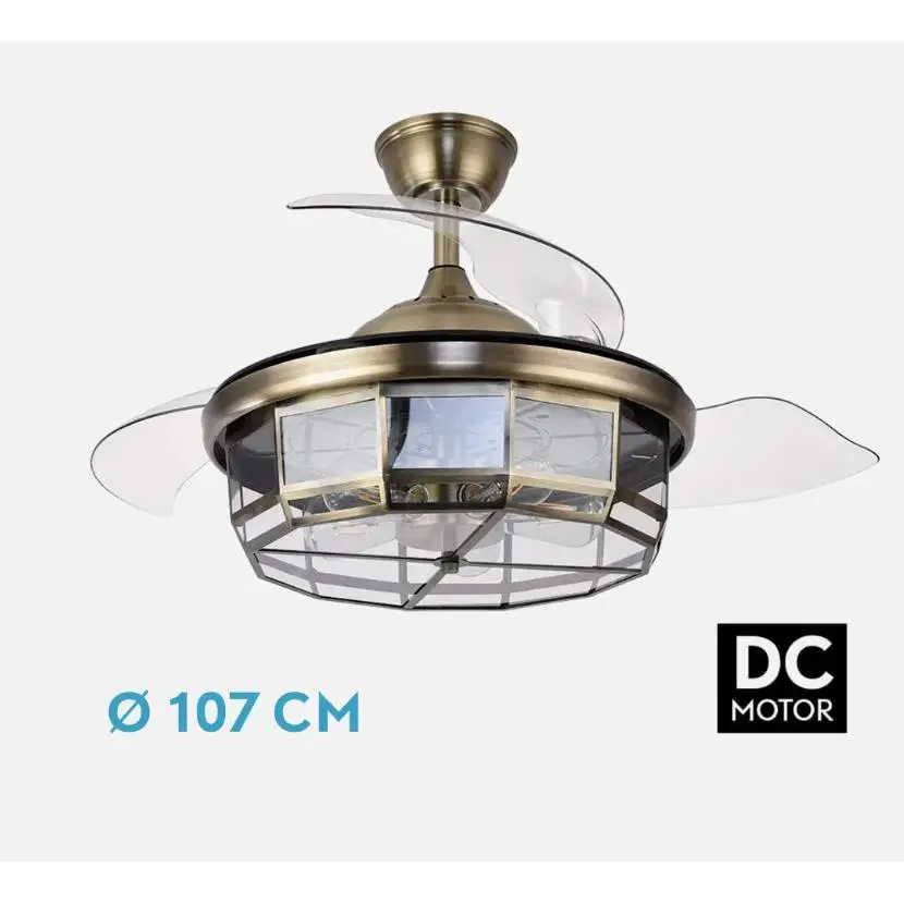 FABRILAMP PREMIUM Ventilador Motor Dc Tornado CUERO 5x BOMBILLA E27 107d 3aspas Desplegables 6velocidades C/remoto Y Temporizador 1/2/4H Incluye mando a distancia y dos tijas de 10 y 25 centímetro