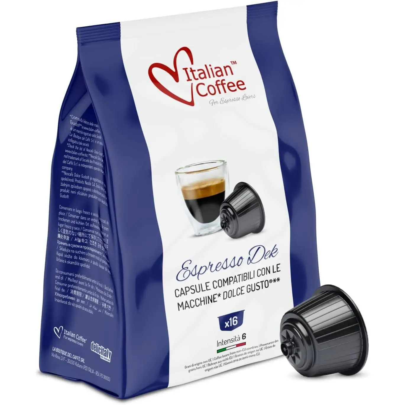 Italian Coffee For Espresso Lovers - Cápsulas Dolce Gusto Descafeinado 64 unidades (4 bolsas de 16), Intensidad 6, mezcla italiana Arábica/Robusta, sistema autoprotegido, frescura garantizada, compatible con todas las máquinas Dolce Gusto