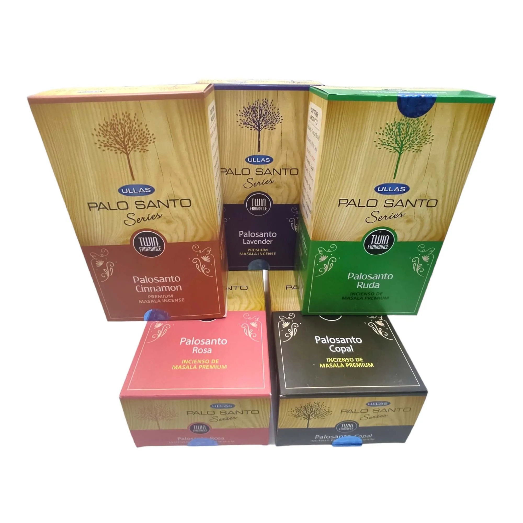 Palo Santo Incense with Lavender, Vanilla, Copal, Dragon Blood, Rose, Jasmine, Rue, White Sage, Cinnamon, and Musk - Set of 12 x 15g boxes for aromatherapy and home fragrance.