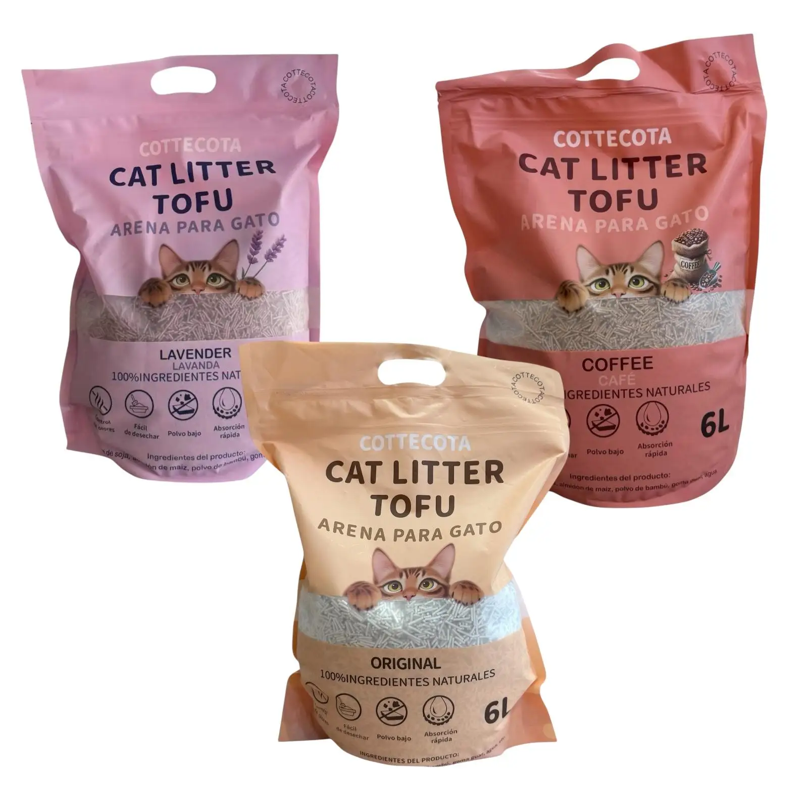 COTTECOTA - Pack 3 Bolsas Arena Tofu para Gatos 6 L Vainilla Lavanda Café Tofu ecológico Vegetal, Lecho natural para Gatos Libre de Polvo Arena Natural Aglomerante ,Arena para mascota vegetal