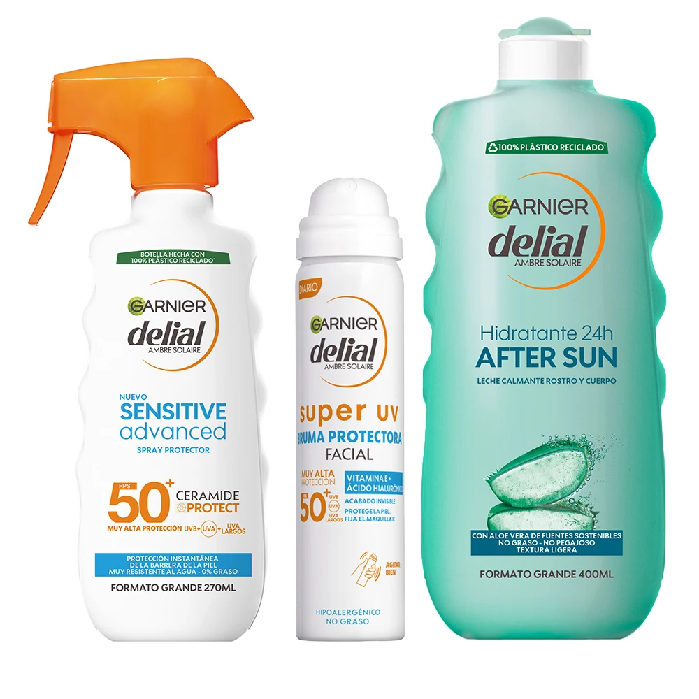 GARNIER | Delial Spray Protector Sensitive Advanced Adultos crema solar para pieles claras, sensibles e intolerantes al sol IP50+ +SUPER UV FPS50+ Bruma Protectora Facial + After Sun Leche Calmante