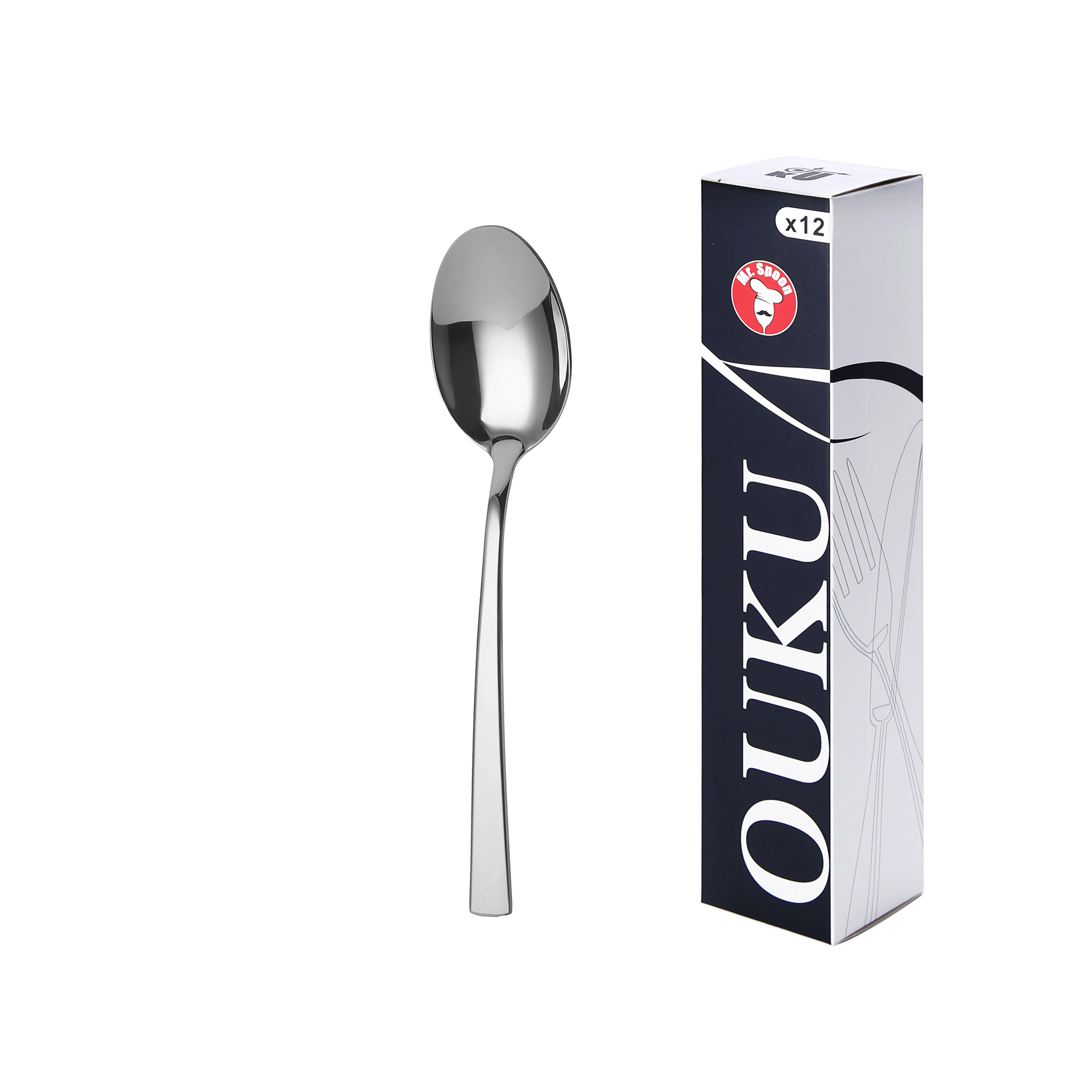 Mr.Spoon Serie Montaña Cucharas 12, 48 o120 piezas,Acero inoxidable 18/0,Económico y funcional,Cuchara sopera largo 206mm,cuchara postre 178mm,cuchara té y café 150mm/109mm,Mango monobloque,Apto para