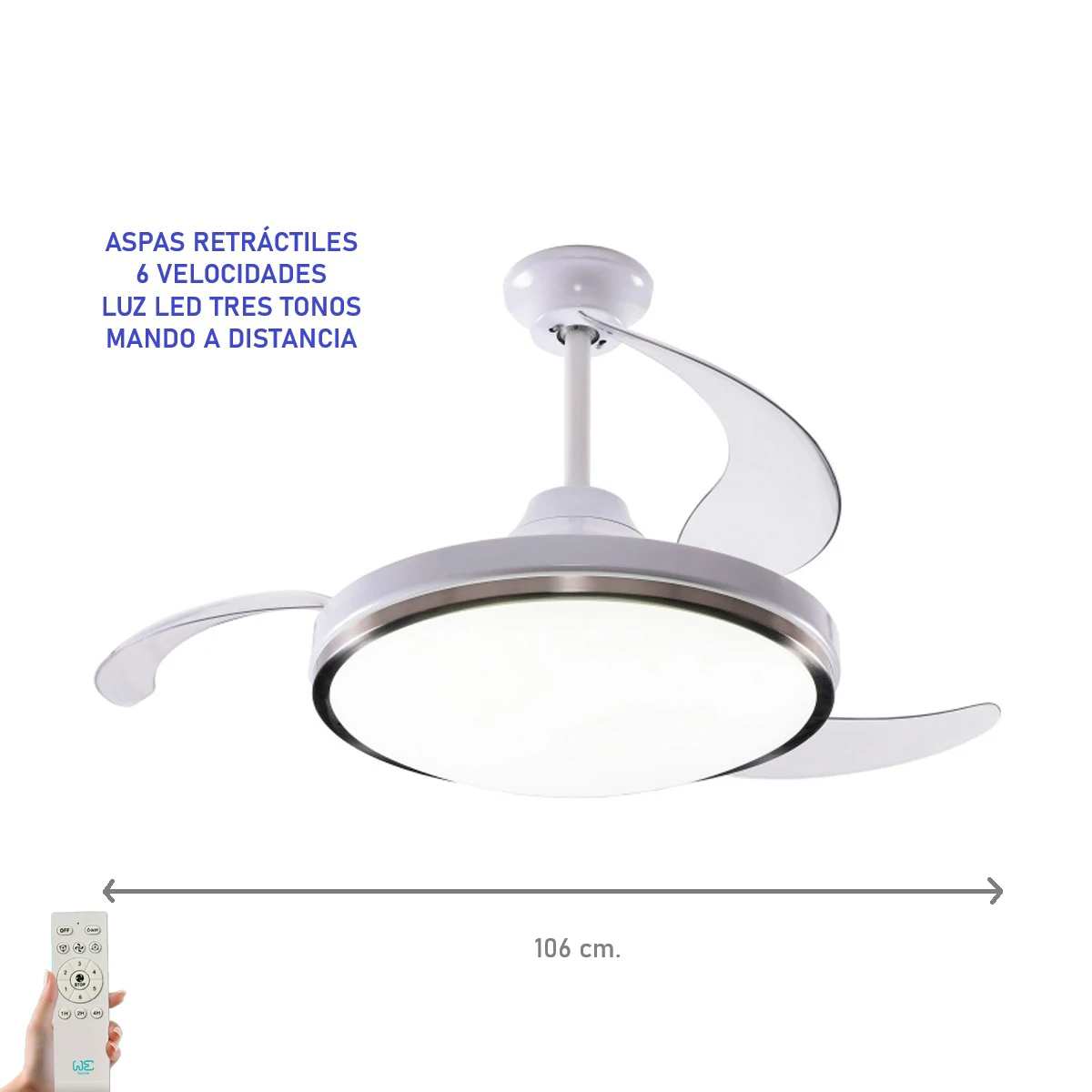 VENTILADOR PARA TECHO "WE HOME" CON ASPAS RETRÁCTILES, LUZ Y MANDO A DISTANCIA