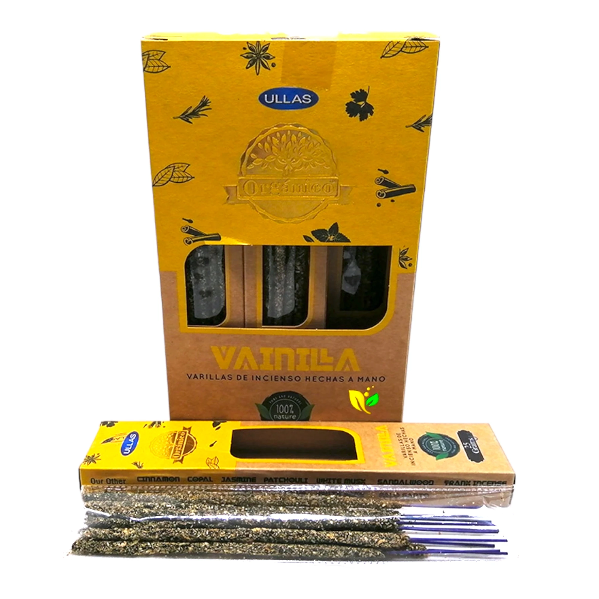 Incienso Orgánico Vainilla Ullas Hechos a Mano sin Mano de Obra Infantil y con Aceites Naturales, 12 Cajitas de 25g c/u.