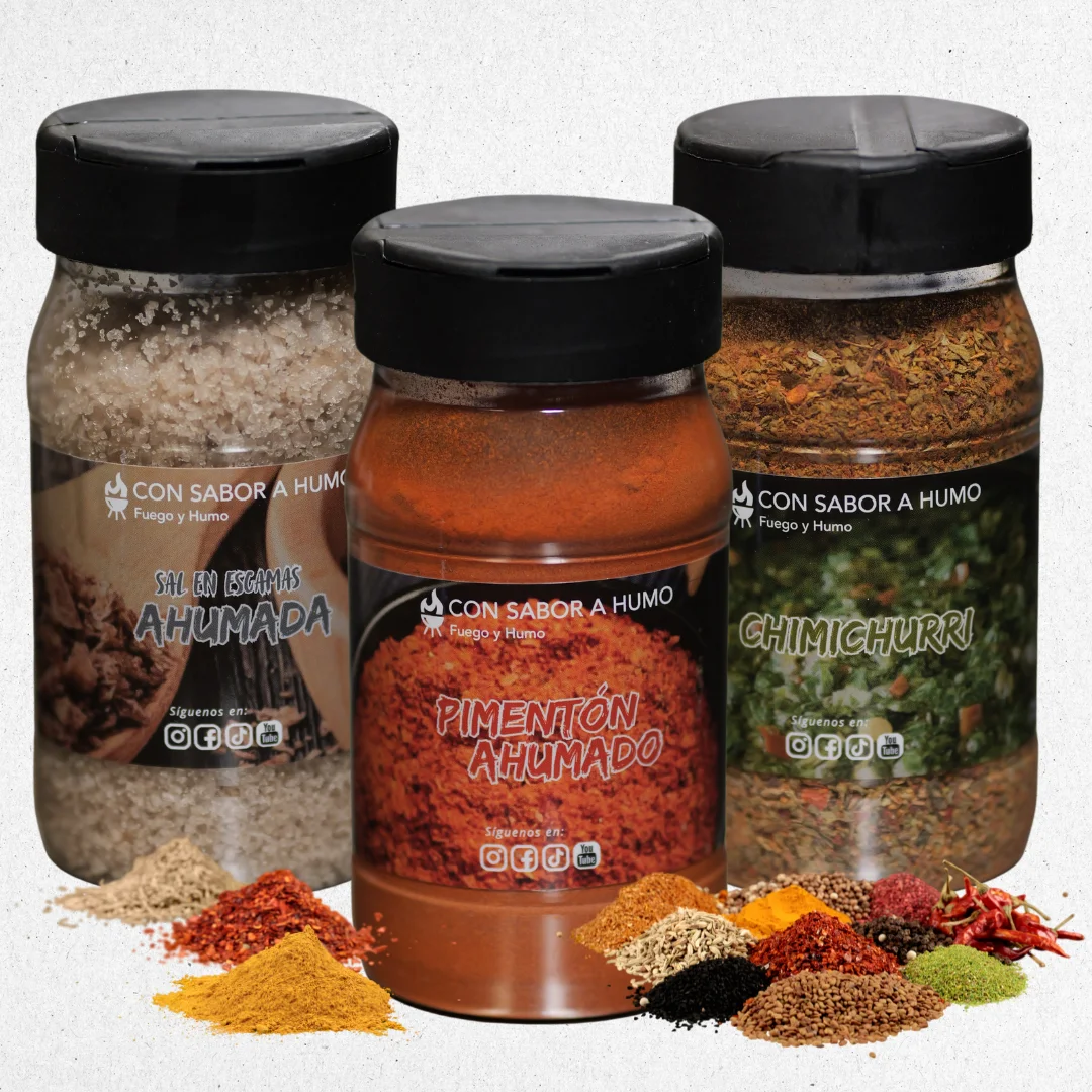 Pack Especias Gourmet, Set 3 Tarros, Sal Ahumada 200g, Pimentón Ahumado 160g, Chimichurri 170g CON SABOR A HUMO FUEGO Y HUMO