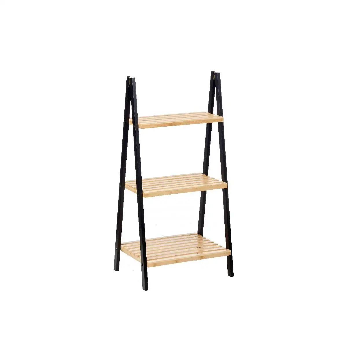 Estante Escalera de Bambú y Madera de Pino, 3 Niveles, Color Negro y Natural, Diseño Moderno para Recibidor
