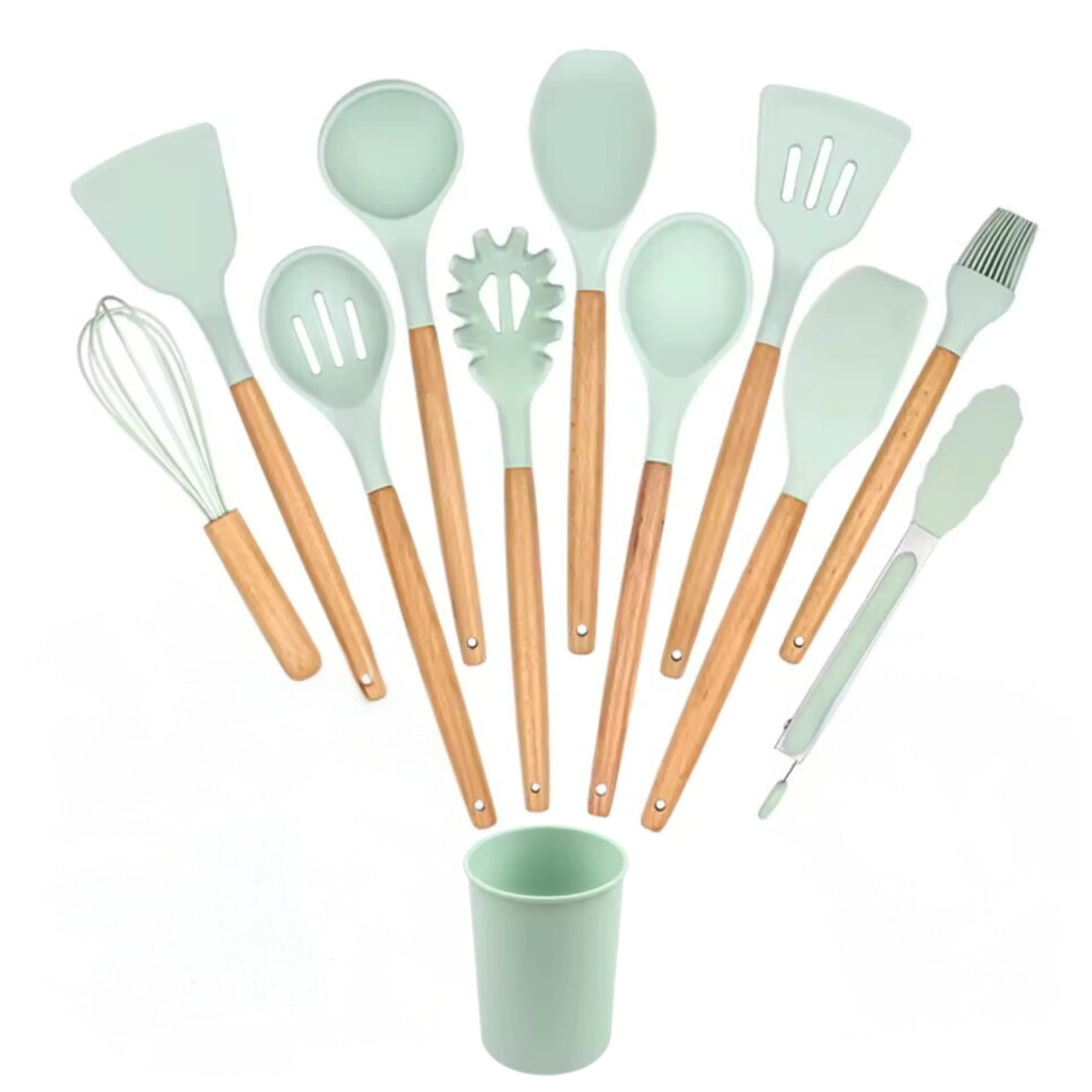 Set De 11 Utensilios De Cocina Elite, De Silicona Con Mango De Bambú, Disponible en Gris y Turquesa