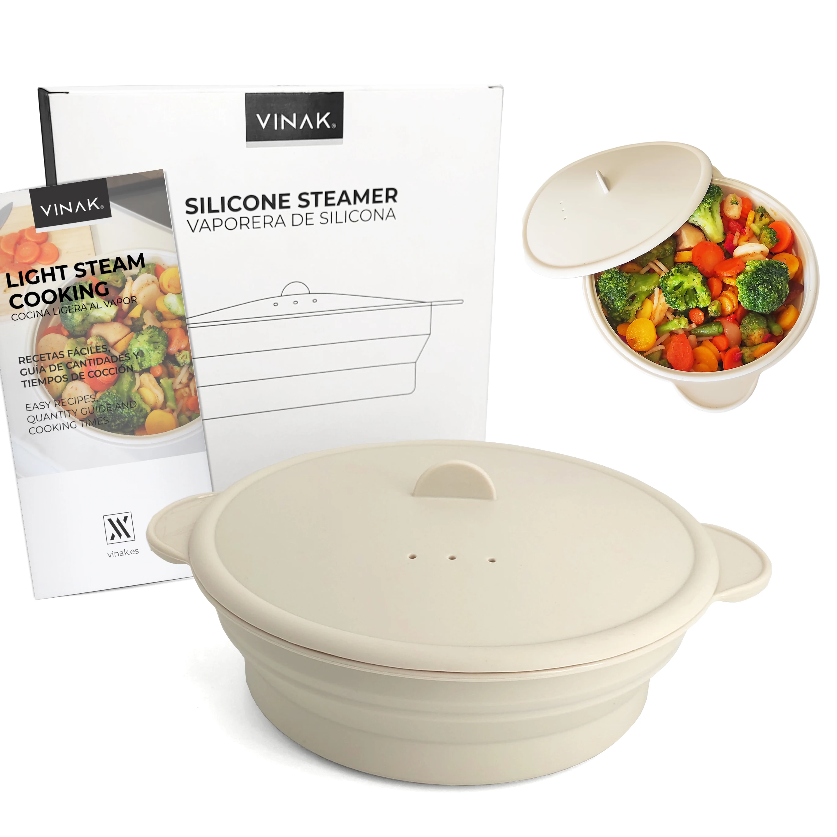 VINAK – Vaporera de silicona para microondas y horno | Estuche de vapor plegable de 1200 ml | Cocina al vapor de forma rápida y saludable | Color beige