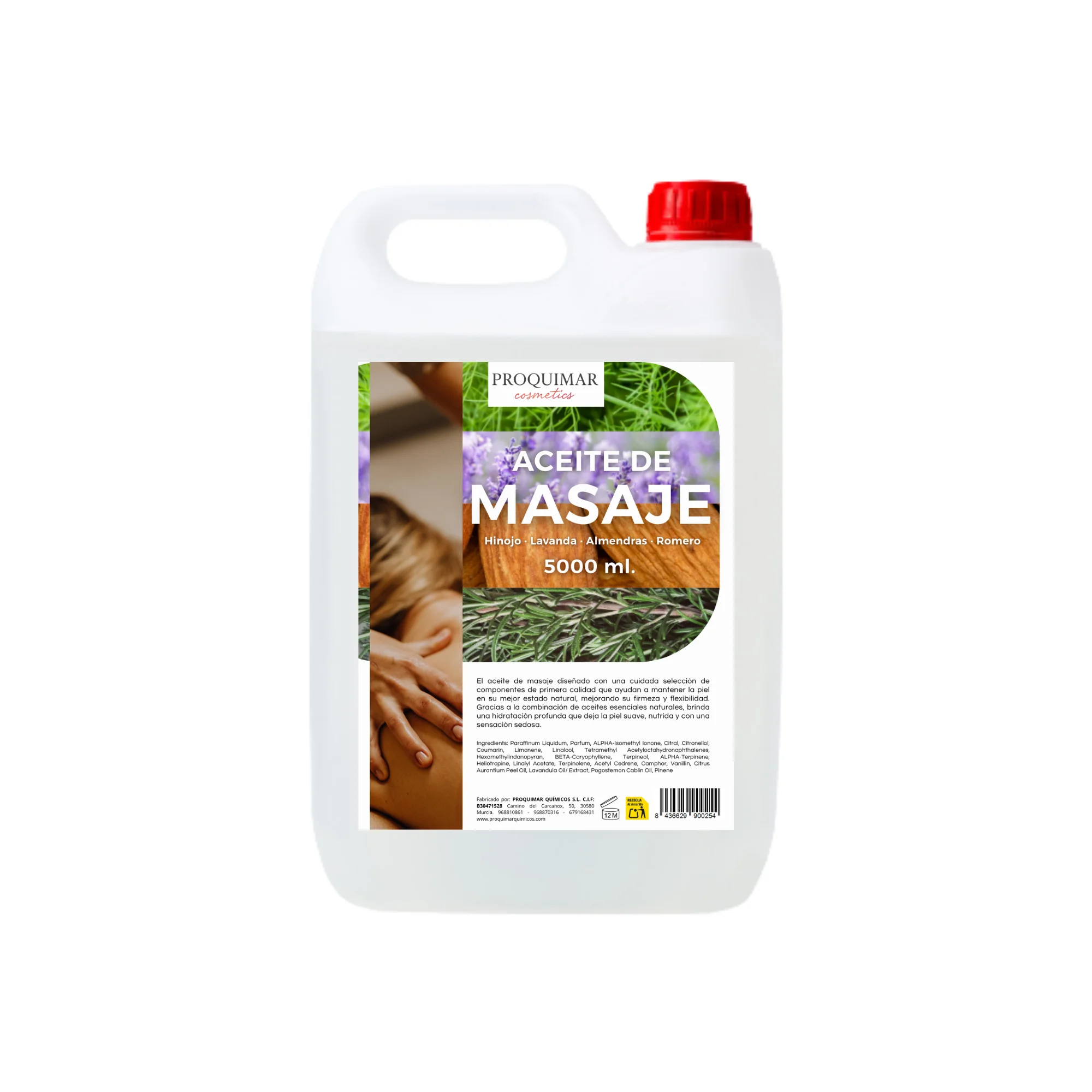 Aceite de Masaje con Romero, Almendra, Lavanda e Hinojo – Relajante, Revitalizante y Aromático – Textura Suave, Hidratante y Profesional – 5 Litros