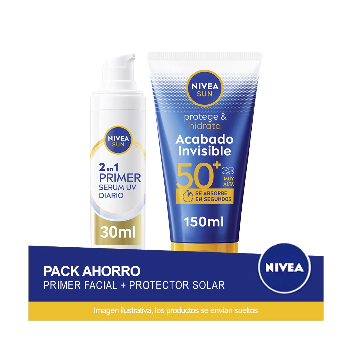 NIVEA SUN Pack ahorro - Contiene 2en1 Primer Serum Facial UV Diario Protección facial SPF50+ 30ml + Protege & Hidrata Loción Solar Acabado Invisible SPF50
