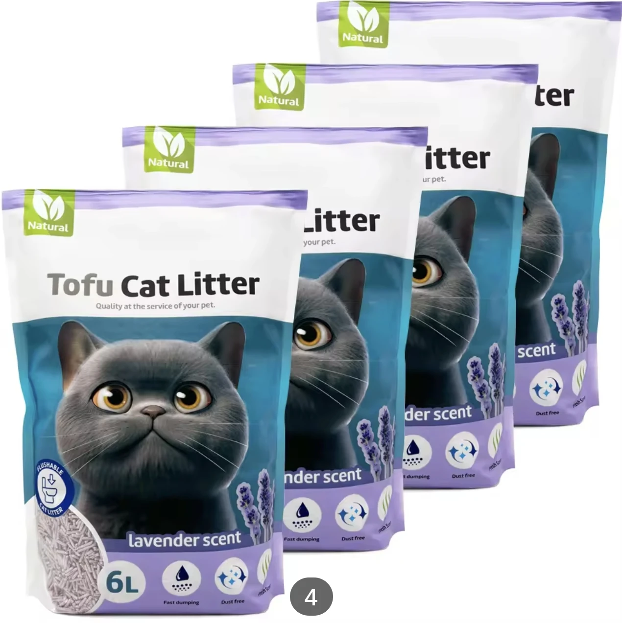 Tofu Cat Litter Pack of 4 Lavender, 2kg Each, Natural and Biodegradable, High Absorption, Dust Free, Easy Clumping, Flushable Cat Sand for Odor Control