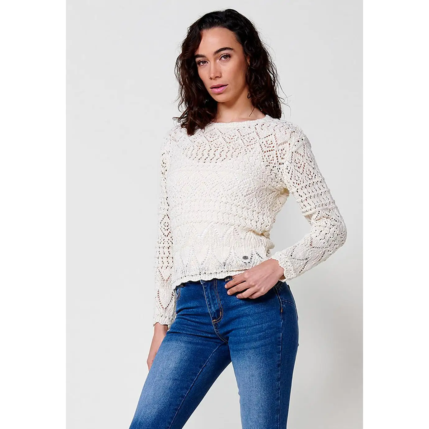 Koroshi Jersey Mujer de tricot de manga larga con cuello barca – Koroshi crudo