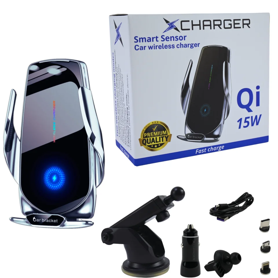 Cargador Inalámbrico para Coche QI 15W XCharger - Carga Rápida, Sensor de Apertura y Sujeción Automática - Compatible con iPhone, Android, Huawei, Samsung, Xiaomi y Otros - Incluye Accesorios