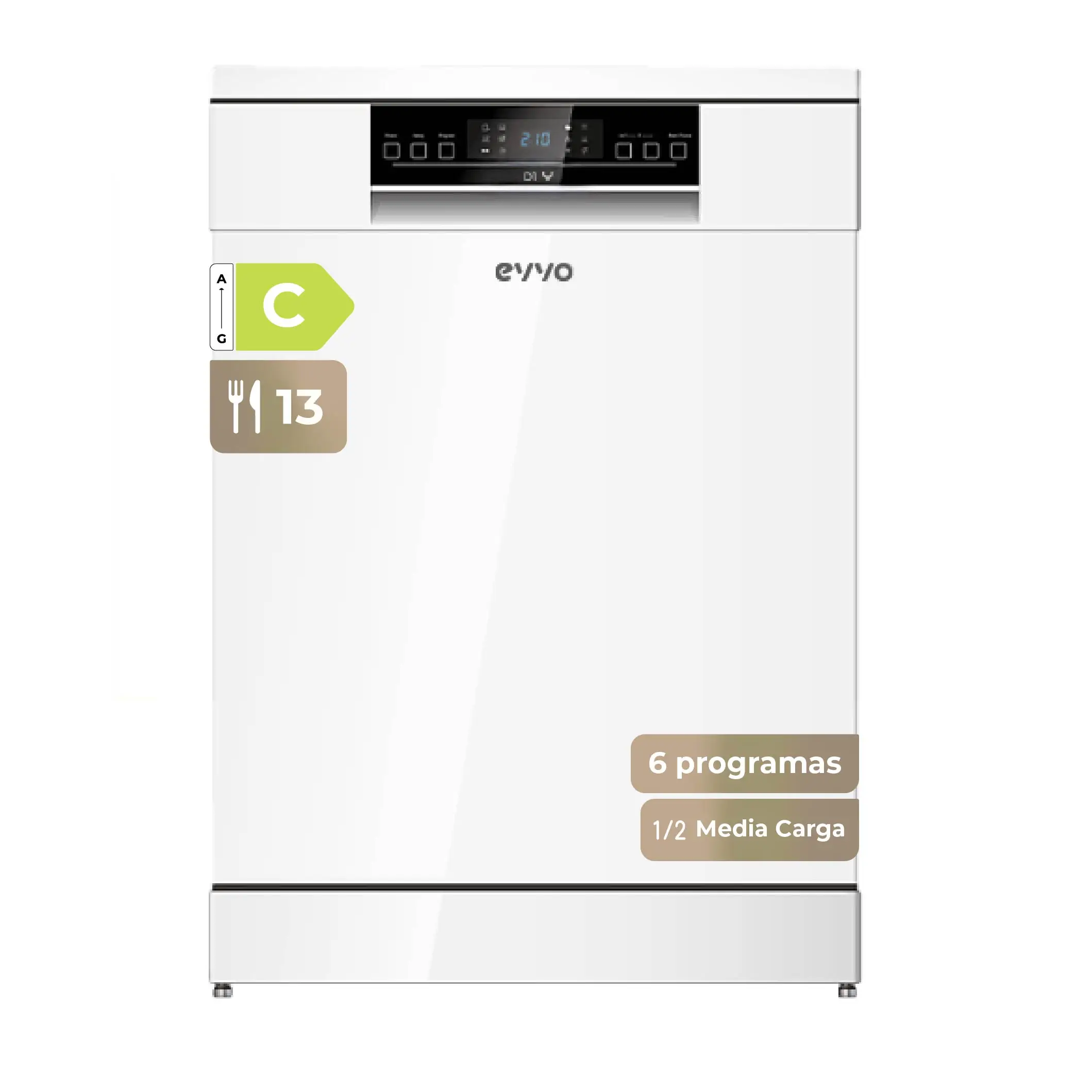 Lavavajillas EVVO D1Y - 60 cm, 13 Servicios, Clase Energética C, 6 Programas, Funcionamiento Silencioso, Apertura Automática, Media Carga, Inicio Diferido 24h, Bloqueo Infantil