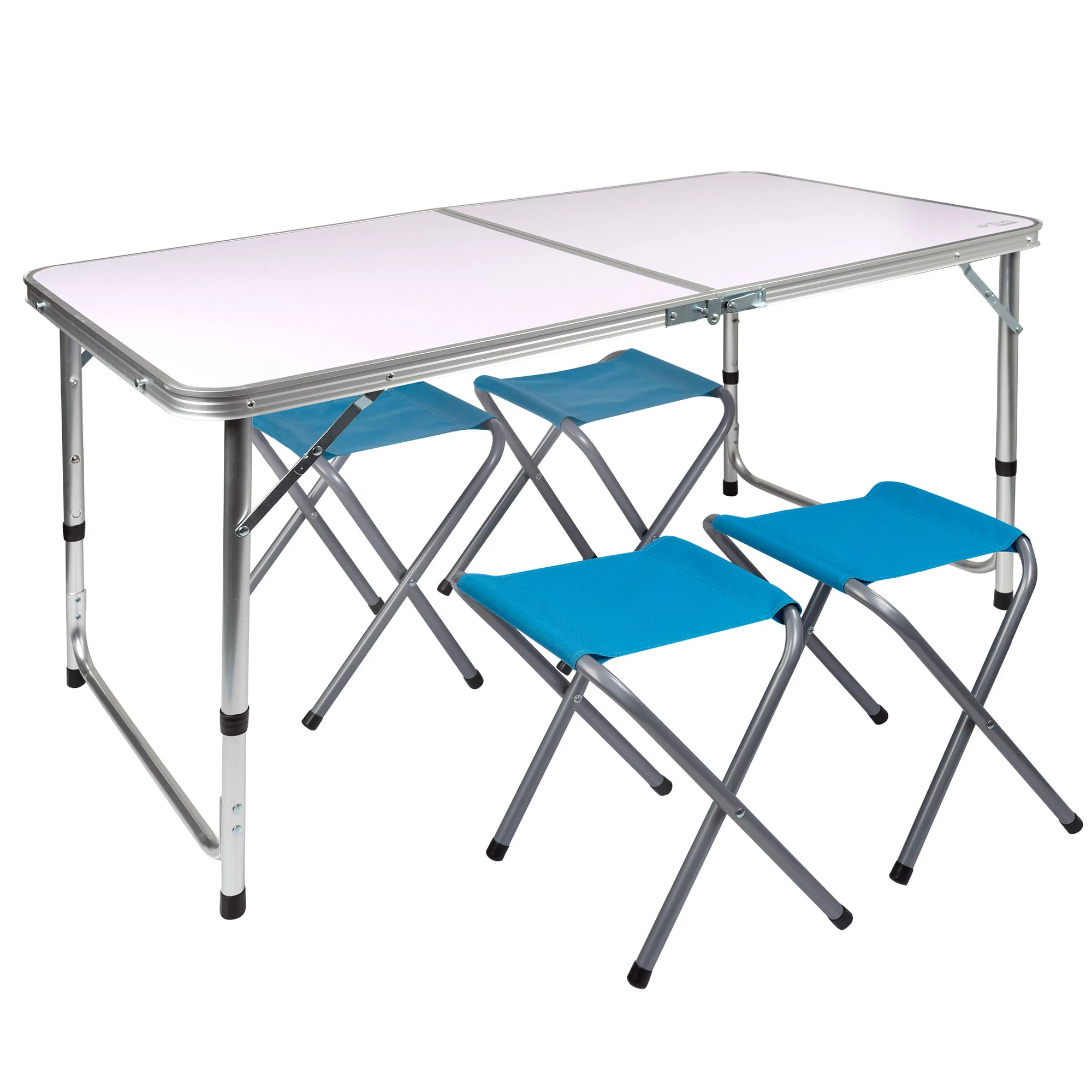Mesa plegable regulable en altura con 4 taburetes Aktive, Mesa plegable portátil camping para 4 personas  Altura regulable, incluye 4 taburetes  Mesa plegable jardín  Mesa plegable con sillas dentro