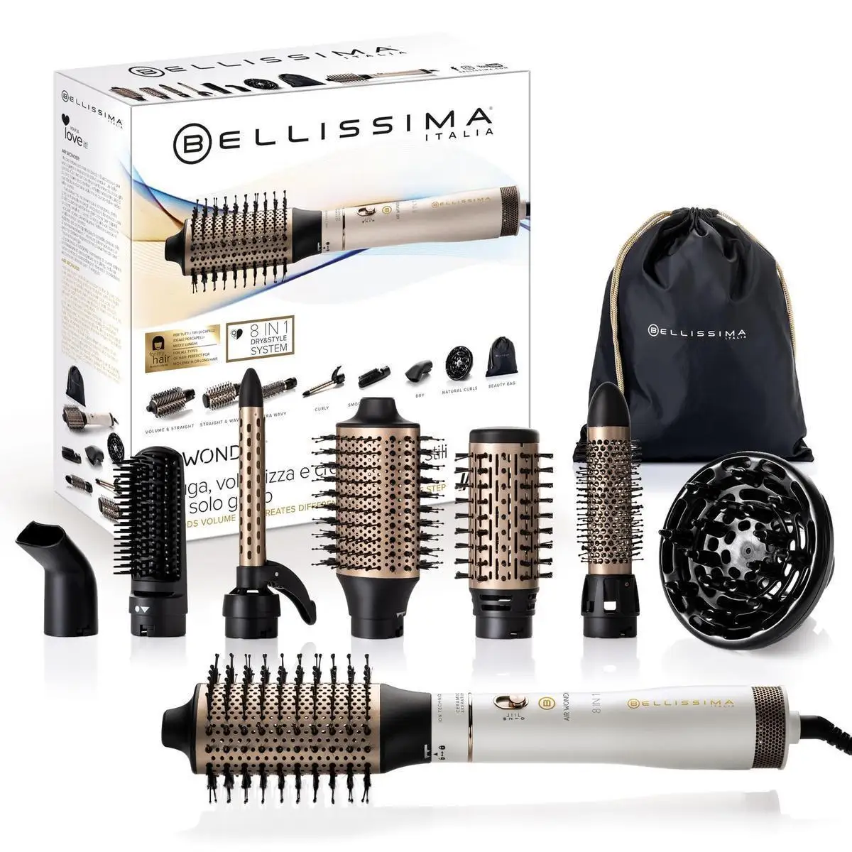 Bellissima Air Wonder Hot Air Brush, Ion technology, 8 accessories, 1000W, ceramic and keratin coating