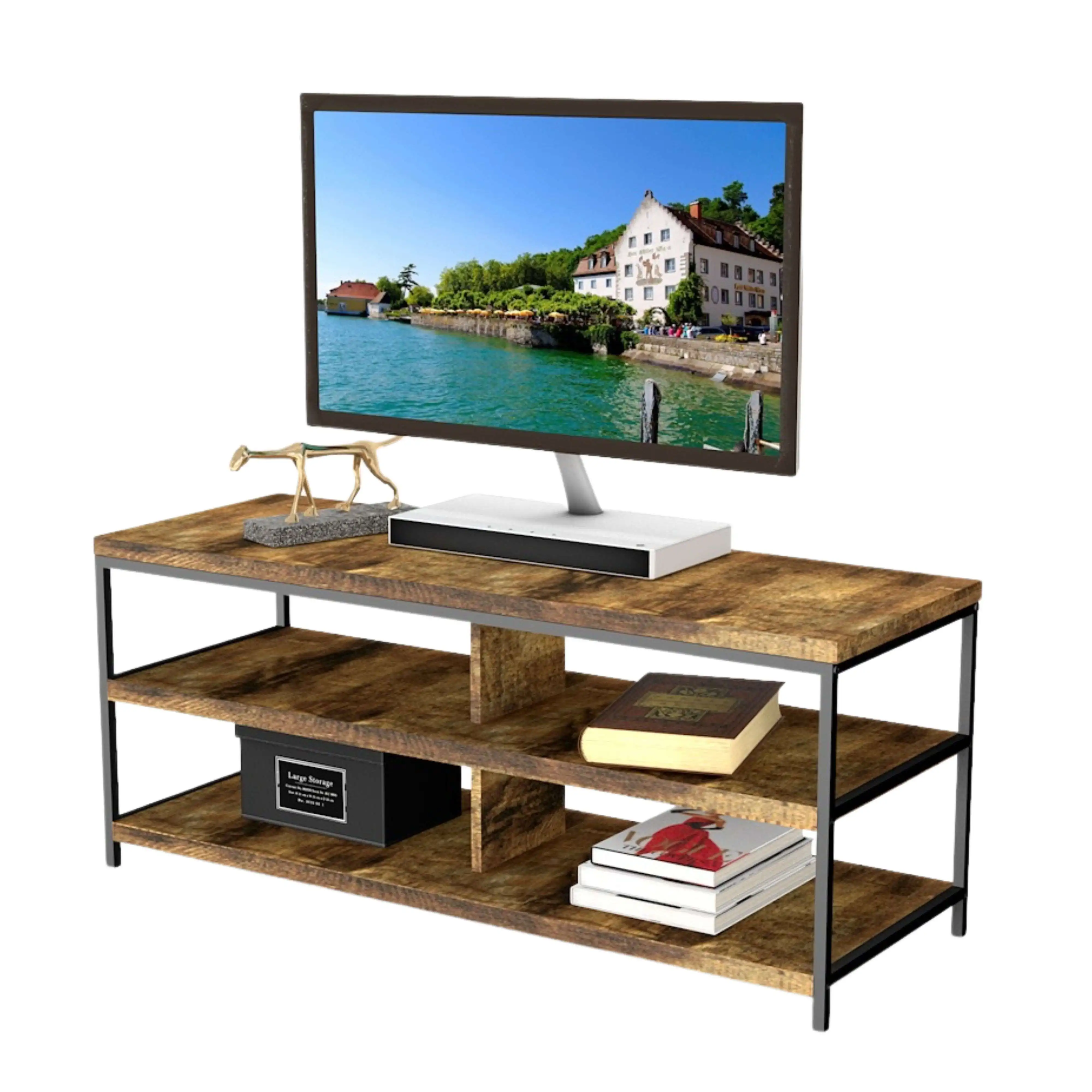 Miroytengo Mesa de TV Salón 110 cm Terra con 2 Estantes y 4 Espacios para Tvs de hasta 50" Roble Cambrian y Negro 110x45x40 cm