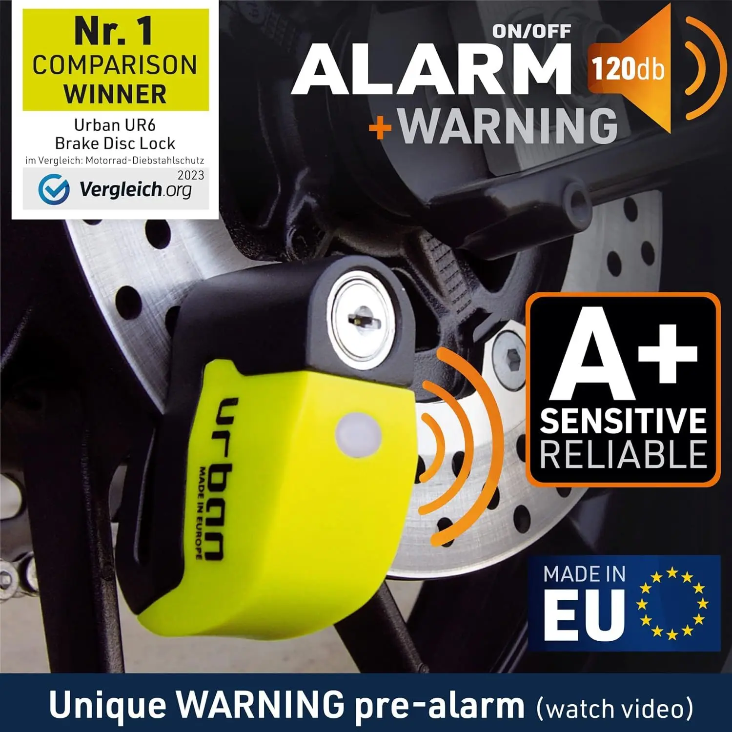 Candado Disco Ur6 C/alarma ø 6 Bateria Litio Amarillo/negrp