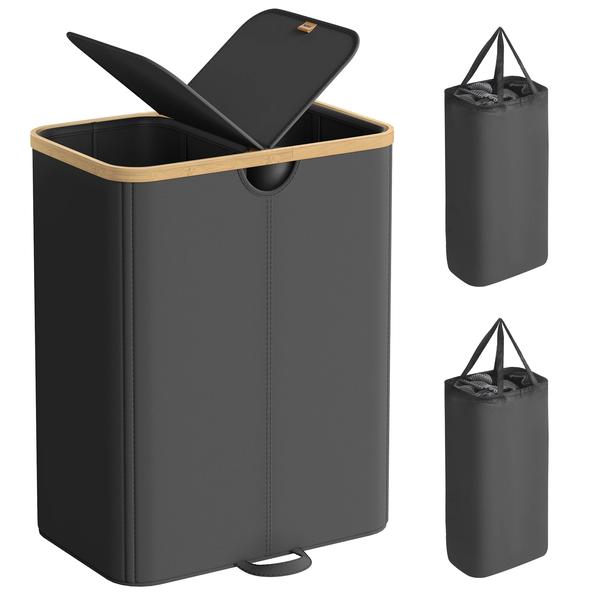 SONGMICS Cesto Ropa Sucia de 2 Compartimentos, Cesta de Colada, 150 L, Clasificador con Tapa, Bolsas de Ropa Extraíbles, para Lavadero, Dormitorio, Salón, Negro Tinta y Beige Natural/Gris Pizarra y Beige Natural/Blanco Crema y Beige Natural